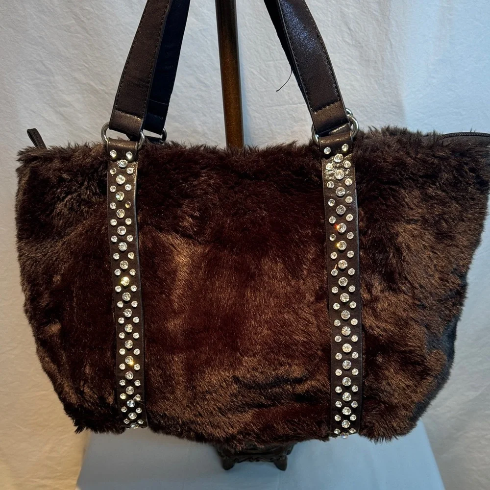 Black Faux Fur Tote Bag with Studded Straps
